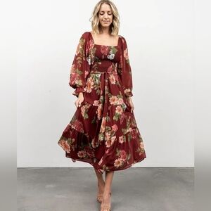Baltic Born 1X Vyn tiered midi burgundy long sleeve floral dress nwt